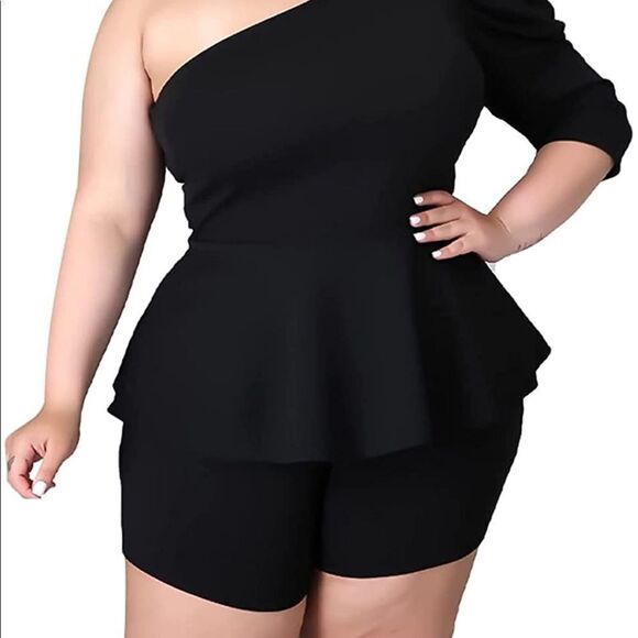 2pc Set One Shoulder Peplum Top & Shorts in Black - Size 2X - Picture 9 of 9